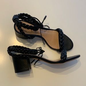 SCHUTZ black leather braided lace-up block heel sandal 7.5